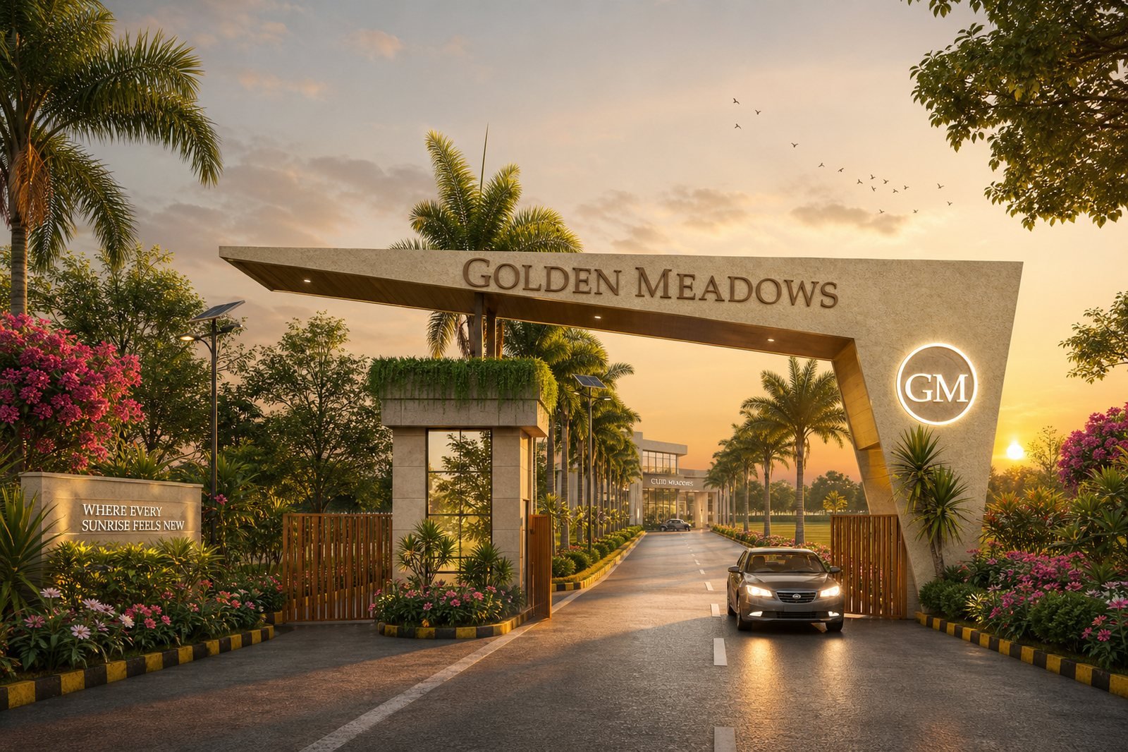 Golden Meadows entrance at golden hour